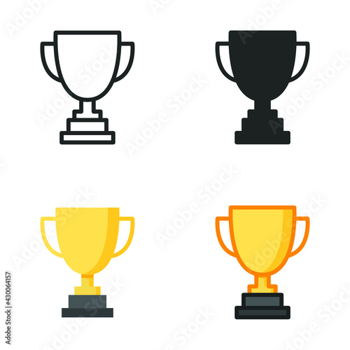 Trophy icon in different style. Line, solid, flat, filled outline symbol for design. Winner, award, cup, champ, contest, prize, won concept. Vector illustration isolated on white background. EPS 10.
