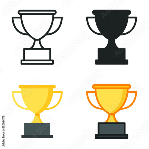 Trophy icon in different style. Line, solid, flat, filled outline symbol for design. Winner, award, cup, champ, contest, prize, won concept. Vector illustration isolated on white background. EPS 10.