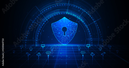 Home security concept.Security with shield symbol and icon different things in the house on dark Blue hi tech background.Vector illustration Eps10.