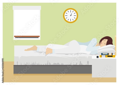 Young lady sleeping hugging bolster pillow. Simple flat illustration.