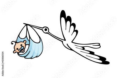 stork carries a baby in a blue medical mask during quarantine and a pandemic, the birth of a new person at a bad time, used disposable masks as a social problem of environmental pollution