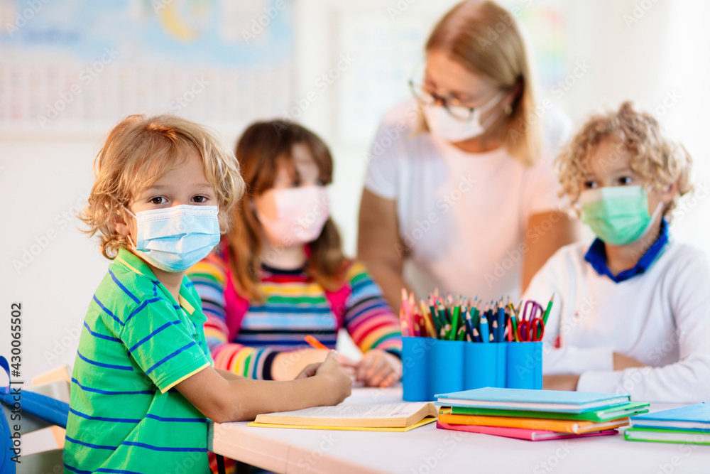 Kids on first school day after quarantine. Kids on first school day after quarantine.