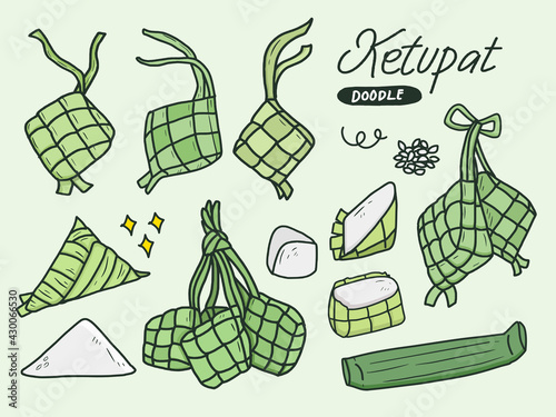 Set of Ketupat vector drawing icon collection illustration. Traditional food wrap in leaves.