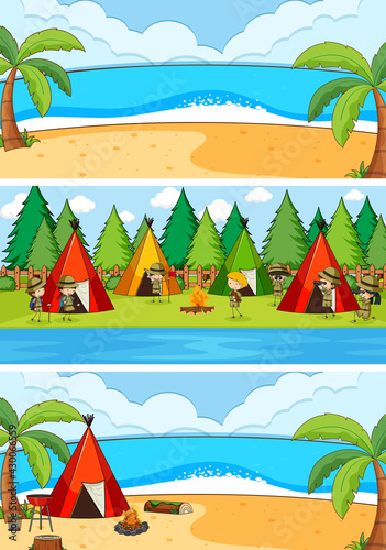 Set of different horizontal beach scenes with doodle kids cartoon character