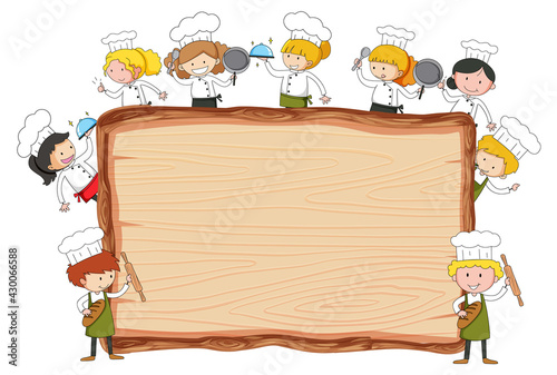 Empty wooden board with many little chefs theme isolated