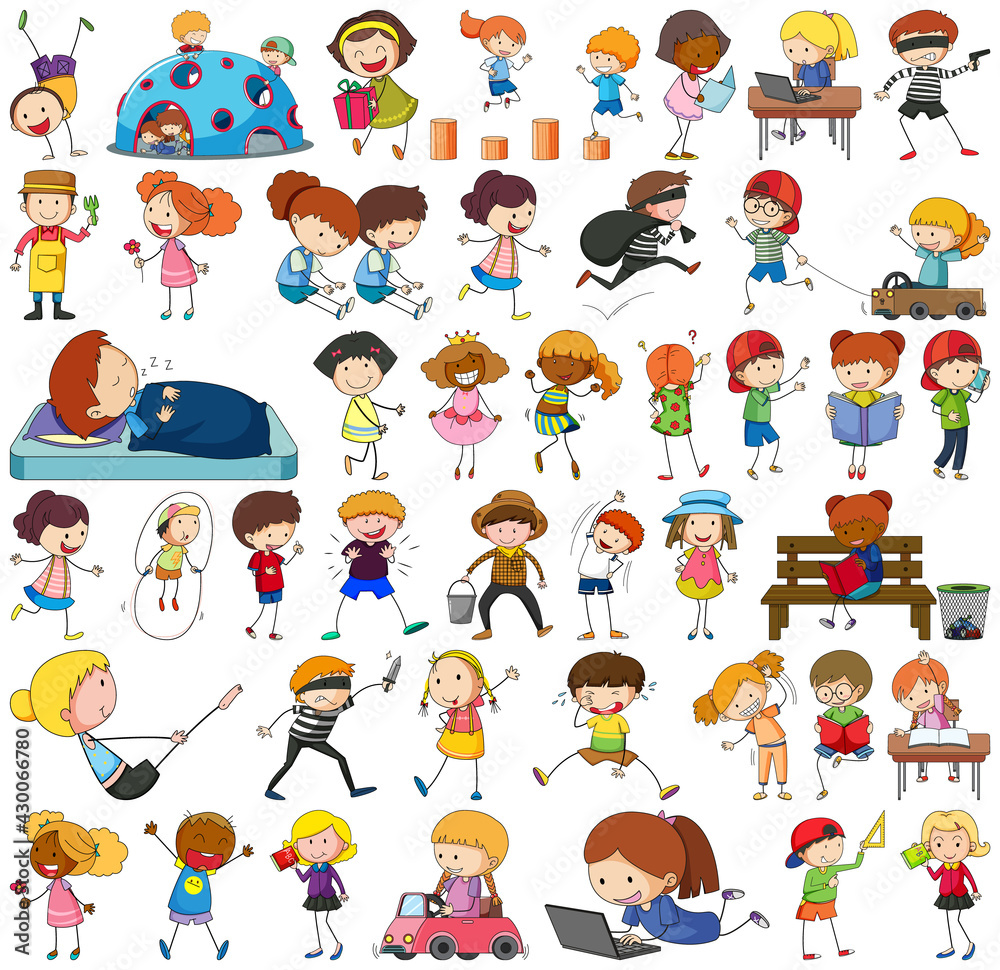 Set of different doodle kids cartoon character isolated Set of different doodle kids cartoon character isolated