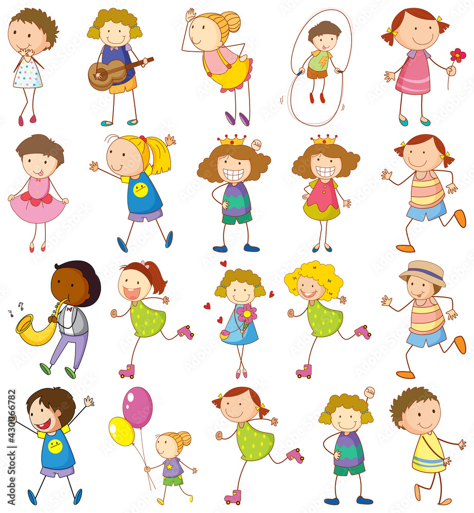 Set of different doodle kids cartoon character isolated Set of different doodle kids cartoon character isolated