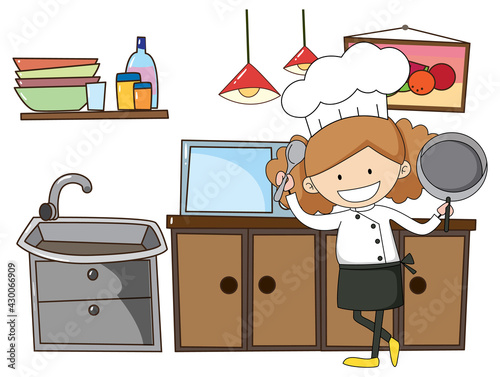 Little chef with kitchen equipments on white background