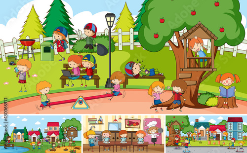 Outdoor scene set with many kids doodle cartoon character