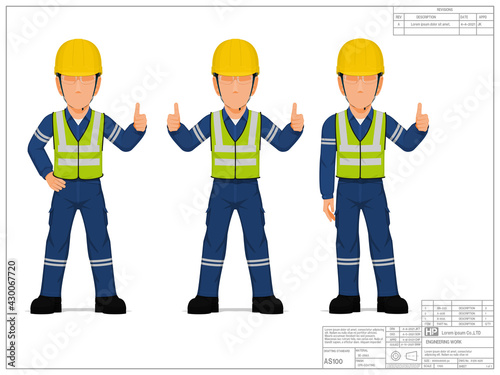 Set of industrial worker with thumb up sign on white background
