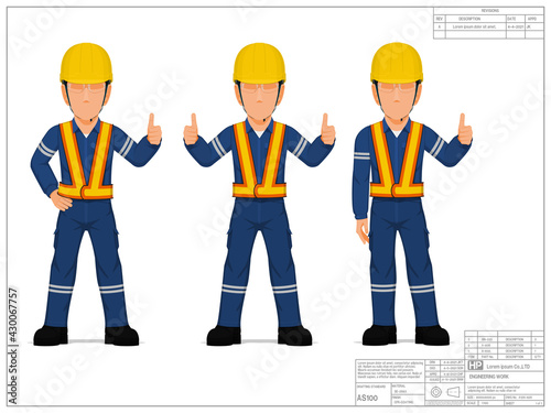 Set of industrial worker with thumb up sign on white background