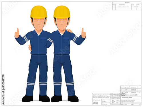 Two industrial workers with thumb up sign on white background