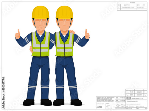 Two industrial workers with thumb up sign on white background