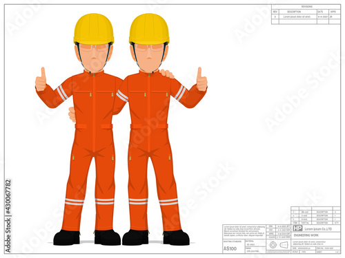 Two industrial workers with thumb up sign on white background