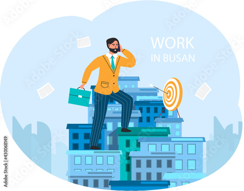 Businessman working in South Korea. Man holding bag and talking on phone in Busan modern big city. Person gets things done at work against background of sky and documents, climbs buildings to target