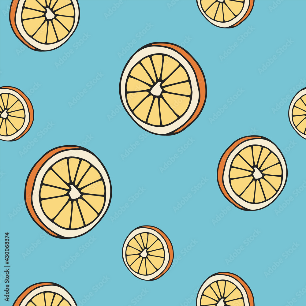 Festive background in cartoon style for social media posts, postcards, posters, textiles, banners, and more. Bright seamless pattern with oranges on a blue background. 