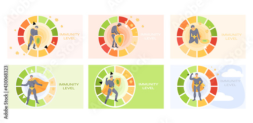 Set of illustrations about superhero as symbol of fight against viruses and bacteria. Male character fights against diseases. Power of imunity vector illustration. Male hero in costume protects health