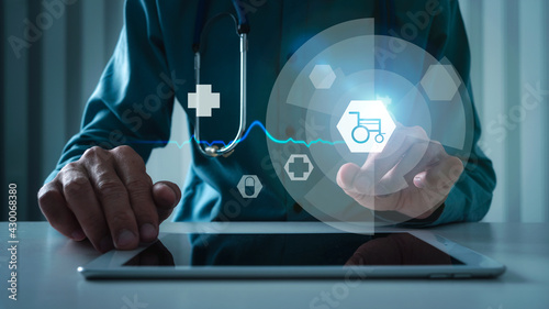 Medical doctor touching wheelchair icon with AI technology, virtual interface of disability.