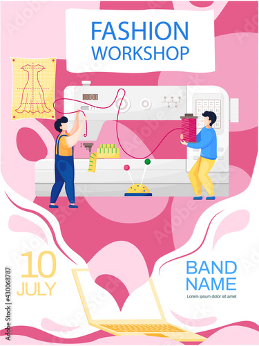 Men are working with sewing machine in tailoring studio. Fashion workshop concept poster. Website with handmade clothing to order. Seamstresses insert thread into needle of sewing machine and work
