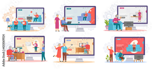 Old people play video game. Modern senior people gadgets. Oldster education computer. Old progressive use modern technology. Learning to use PC. Elderly couple gadgets. Aging parents video conference