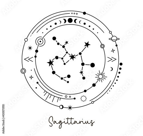 Sagittarius constellation surrounded by universe, stars and planets. Astrological zodiac symbols. Vector monochrome silhouette. Horoscope designs. Solar system with constellation. Celestial design ele