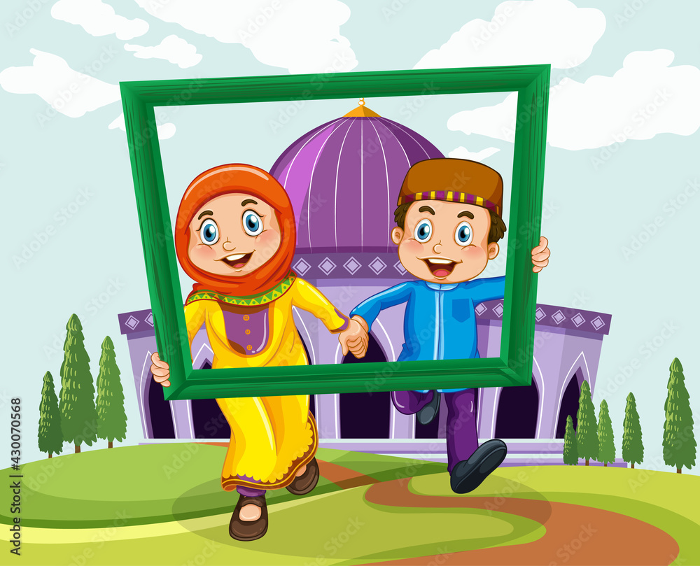 Muslim couple with photo frame on mosque background