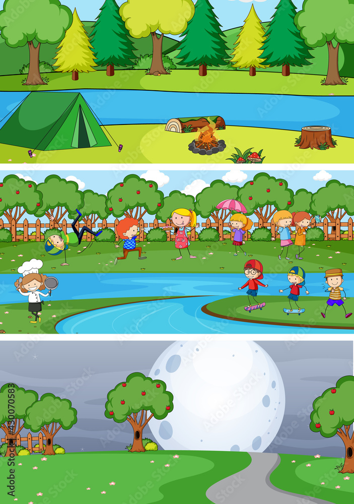 Set of different horizontal scenes background with doodle kids cartoon character Set of different horizontal scenes background with doodle kids cartoon character
