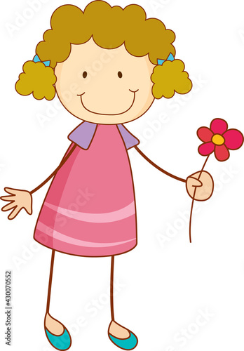 A doodle kid holding flower cartoon character isolated