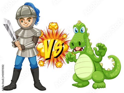 Dragon and knight fighting each other on white background