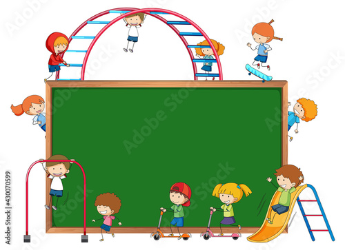 Empty blackboard with many kids doodle cartoon character isolated