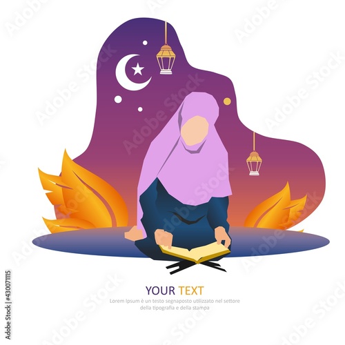 woman reading quran at night ramadan kareem, happy eid, illustration vector graphic islamic holy month of ramadhan. Perfect for concept of presentation, banner, cover and promotion celebration