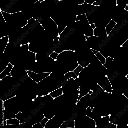 constellations starry sky seamless pattern. hand drawn doodle style. wallpaper, digital paper, wrapping, background, textile. vector, minimalism, monochrome, sketch. zodiac signs, horoscope.