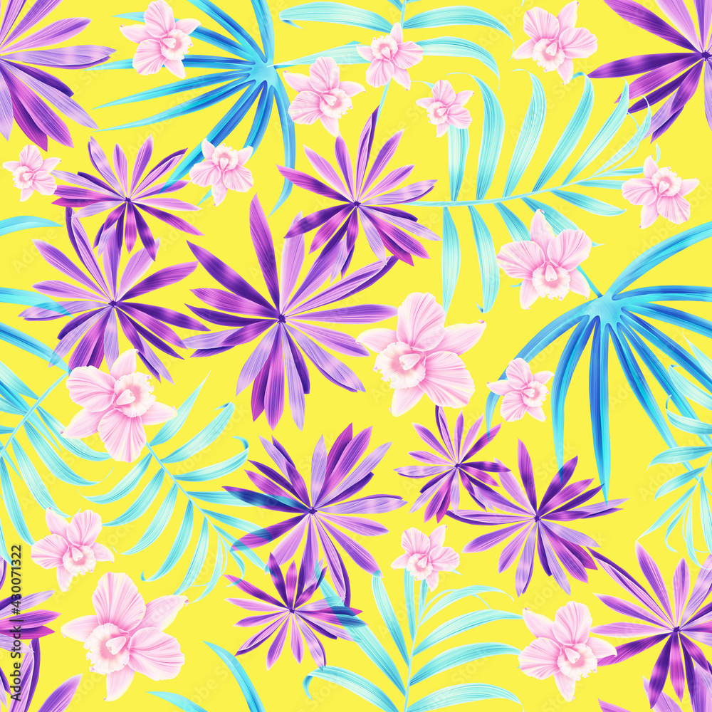 Colourful Seamless Pattern with tropic flowers and leaves. Modern exotic design for paper, cover, fabric, interior decor and other users....