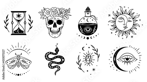 Boho design elements set. Witchcraft mystical silhouettes. Magic monochrome illustration. Occult and esoteric vector symbol. Alchemy prints collection.