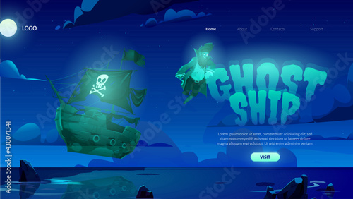 Ghost ship cartoon landing page with dead pirate spirit and haunted sailing boat glowing and soar over night sea with sticking rocks. Halloween filibuster adventure on secret island, vector web banner