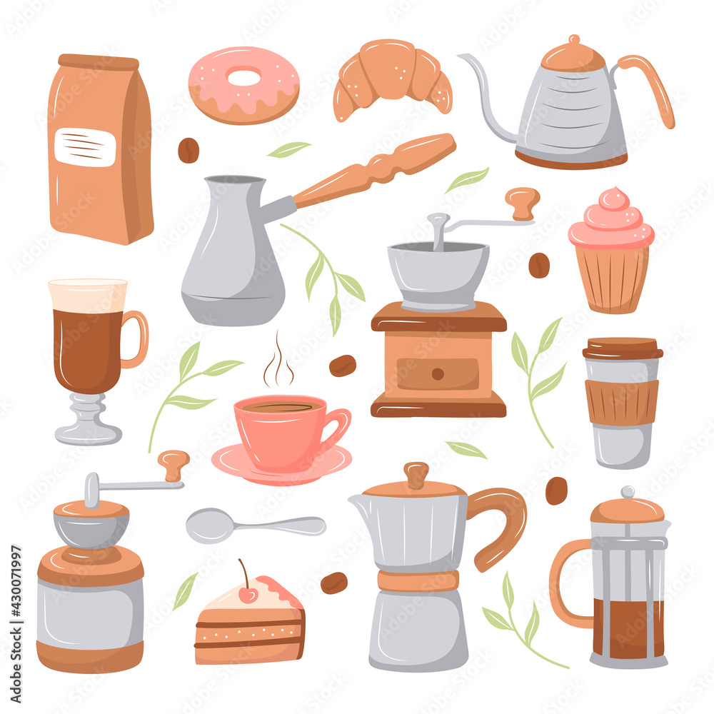 Coffee set with various coffee makers and desserts on a white background. Vector illustration for coffee shops, cafes. cute cartoon pictures.