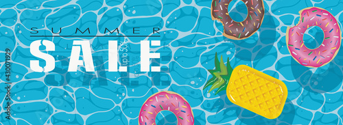 Hot summer sale banner. Trendy textures. Swimming pool with inflatable donuts, pineapple. Pool party. Have a good day. Modern vector lettering. Fashionable style.