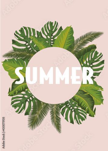 Vector tropical leaf banner set on pastel background. Trendy colors modern botany design for cosmetics, spa, perfume, health care products, fashion, aromatherapy, travel agency, summer party