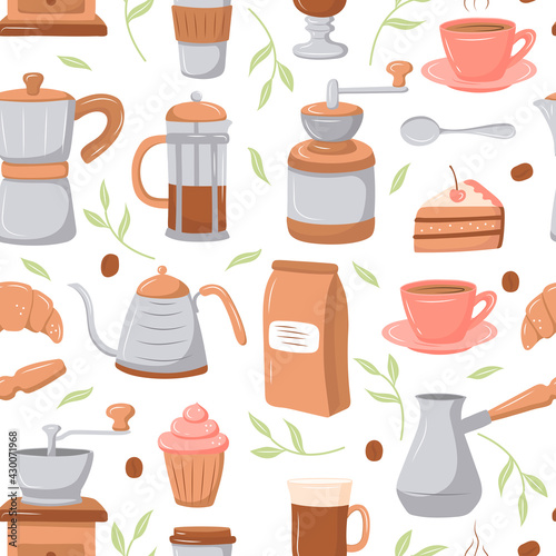 Coffee pattern with various coffee makers and desserts on a white background. Vector illustration for coffee shops, cafes. cute cartoon pictures.