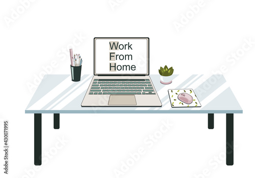 laptop and computer mouse on the glass table with pen, pencil and cactus decoration. Working table on white background. Vector illustration.