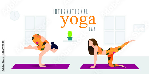 Women practicing yoga at home on international yoga day 
