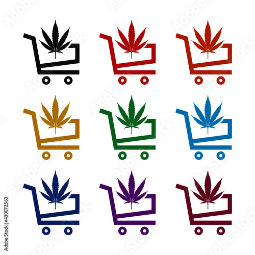 Shopping cart with marijuana or cannabis leaf icon isolated on white background color set