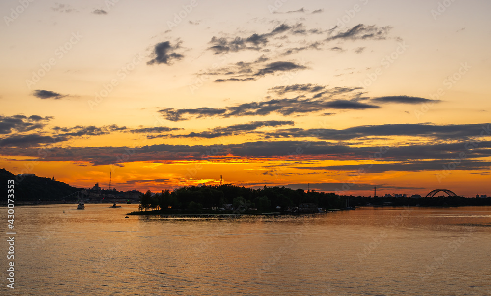 Sunset on the Dnieper river in Kyiv, Ukraine
