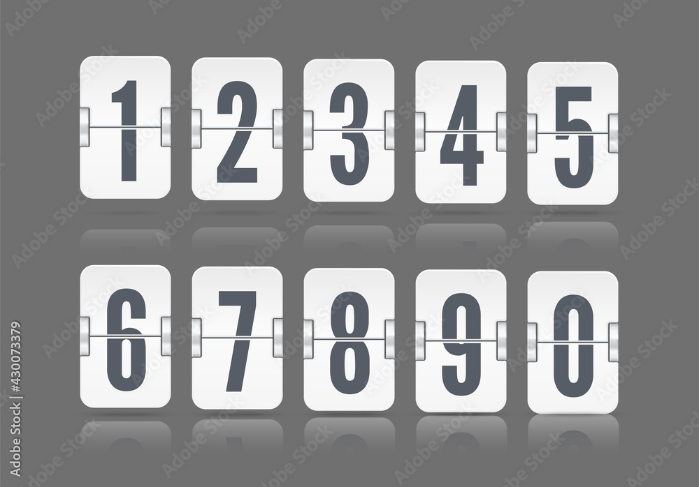 Vector numeric flip scoreboard set with reflection floating on different height for white countdown timer or web page watch or calendar isolated on dark background Vector numeric flip scoreboard set with reflection floating on different height for white countdown timer or web page watch or calendar isolated on dark background
