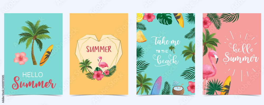 Fototapeta Collection of summer background set with fruit,flamingo,coconut tree.Editable vector illustration for invitation,postcard and website banner
