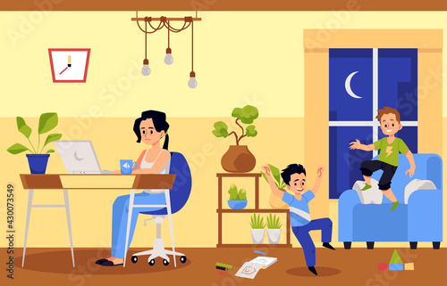 Working mother and noisy children disturbing her, flat vector illustration.