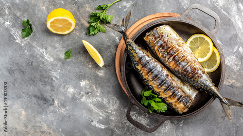 BBQ Grilled mackerel fish with herbs. Oktoberfest menu. banner, menu recipe place for text, top view