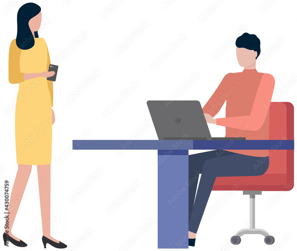 Obraz premium Business people communicate at work. Workflow discussion of issues. Woman talking to man, business consultation. Girl with coffee cup in hands talking to colleague with laptop. Meeting in office
