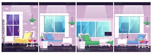Hospital beds and different medical equipment for treating ill patients.