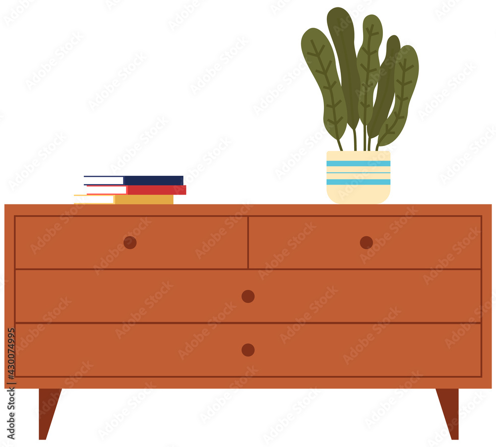 Bedroom nightstand vector illustration. Wooden bedside table in flat